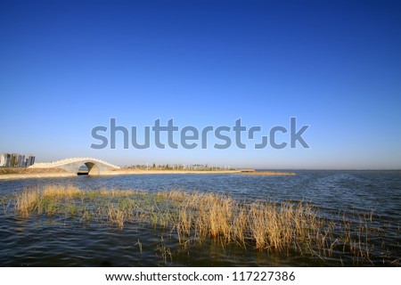 bridges in the lake water, in the blue sky, Hengshui city, hebei province, China