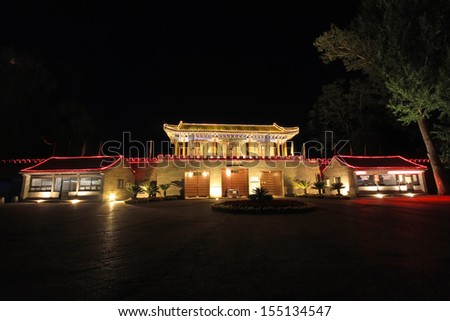 night scenery, China\'s ancient buildings gate in a park, north china
