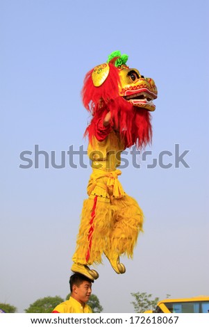 LUANNAN - JUNE 12: Lion dance performance on the stage on JUNE 12, 2013, Luannan County, Hebei Province, china.