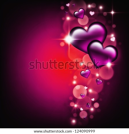 Valentines Day Card with purple Hearts on dark glow background