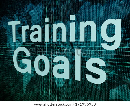 Training Goals text concept on green digital world map background