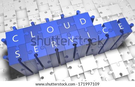 Cloud Service - puzzle 3d render illustration with text on blue jigsaw pieces stick out of white pieces