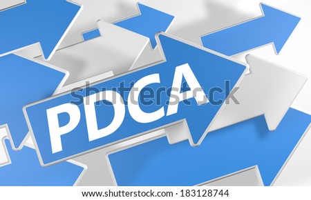 Plan Do Check Act 3d render concept with blue and white arrows flying over a white background.