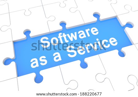 Software as a Service - puzzle 3d render illustration with word on blue background