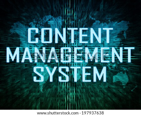 Content Management System text concept on green digital world map background