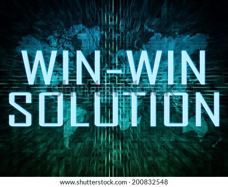 Win-Win Solution text concept on green digital world map background