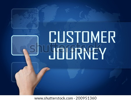 Customer Journey concept with interface and world map on blue background