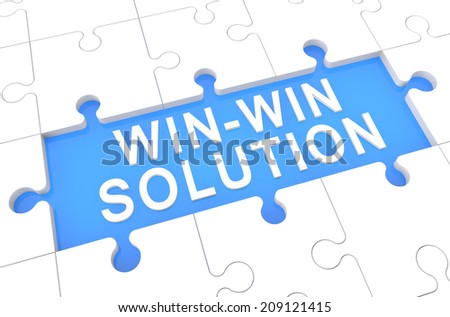 Win-Win Solution - puzzle 3d render illustration with word on blue background