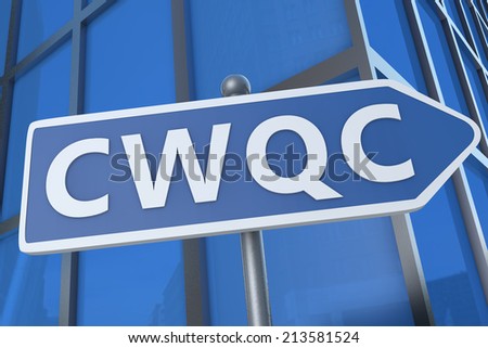 CWQC - Company Wide Quality Control - illustration with street sign in front of office building.