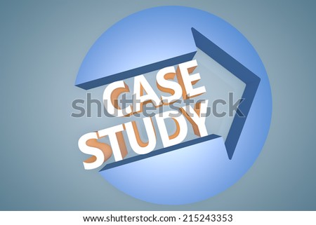 Case Study - 3d text render illustration concept with a arrow in a circle on blue-grey background