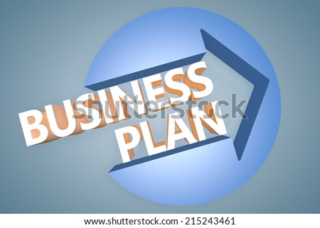 Business Plan - 3d text render illustration concept with a arrow in a circle on blue-grey background