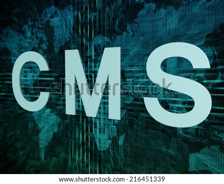 CMS - Content Management System text concept on green digital world map background