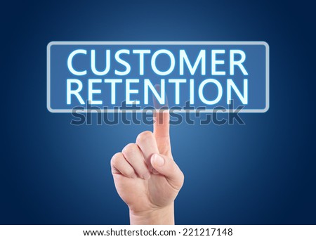 Hand pressing Customer Retention button on interface with blue background.
