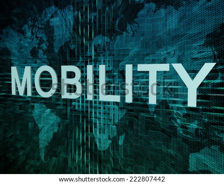Mobility text concept on green digital world map background