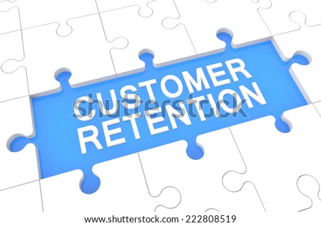 Customer Retention - puzzle 3d render illustration with word on blue background