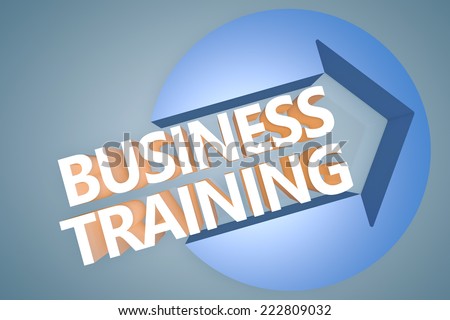 Business Training - 3d text render illustration concept with a arrow in a circle on blue-grey background