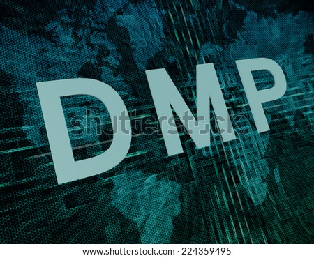 DMP - Data Management Platform or Debt Management Plan text concept on green digital world map background