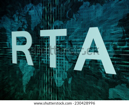 RTA - Real Time Advertising text concept on green digital world map background
