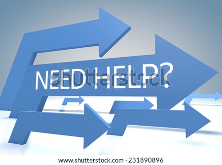 Need help? 3d render concept with blue arrows on a bluegrey background.