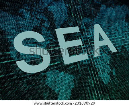SEA - Search Engine Advertising text concept on green digital world map background