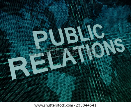 Public Relations text concept on green digital world map background