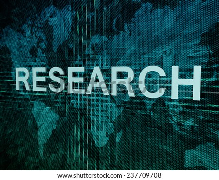 Research text concept on green digital world map background