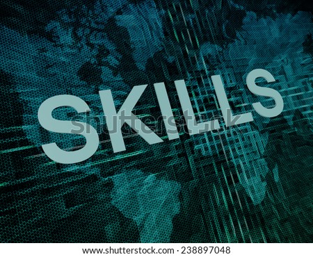 Skills text concept on green digital world map background