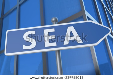 SEA - Search Engine Advertising - illustration with street sign in front of office building.