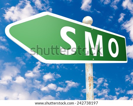 SMO - Social Media Optimization - street sign illustration in front of blue sky with clouds.