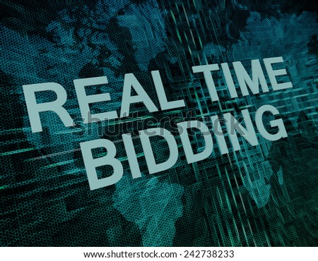 Real Time Bidding text concept on green digital world map background