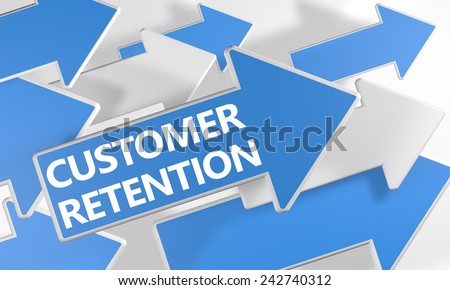 Customer Retention 3d render concept with blue and white arrows flying over a white background.