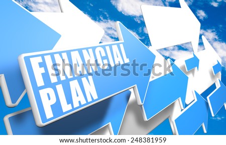 Financial Plan 3d render concept with blue and white arrows flying in a blue sky with clouds