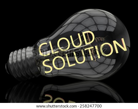 Cloud Solution - lightbulb on black background with text in it. 3d render illustration.