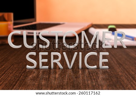 Customer Service - letters on wooden desk with laptop computer and a notebook. 3d render illustration.