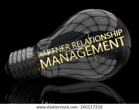 Partner Relationship Management - lightbulb on black background with text in it. 3d render illustration.