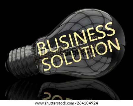 Business Solution - lightbulb on black background with text in it. 3d render illustration.