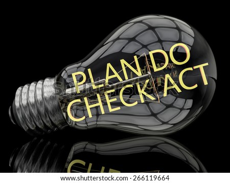 Plan Do Check Act - lightbulb on black background with text in it. 3d render illustration.