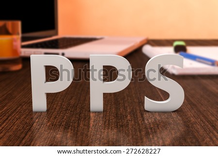 PPS - Pay per Sale - letters on wooden desk with laptop computer and a notebook. 3d render illustration.