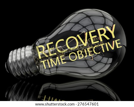 Recovery Time Objective - lightbulb on black background with text in it. 3d render illustration.