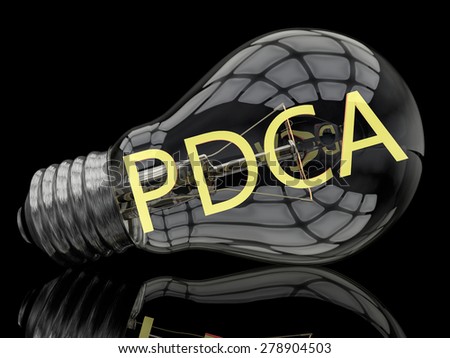 PDCA - Plan Do Check Act - lightbulb on black background with text in it. 3d render illustration.