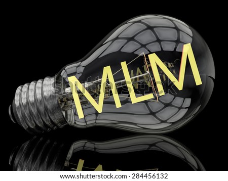 MLM - Multi Level Marketing - lightbulb on black background with text in it. 3d render illustration.
