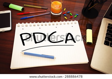 PDCA - Plan Do Check Act - handwritten text in a notebook on a desk - 3d render illustration.