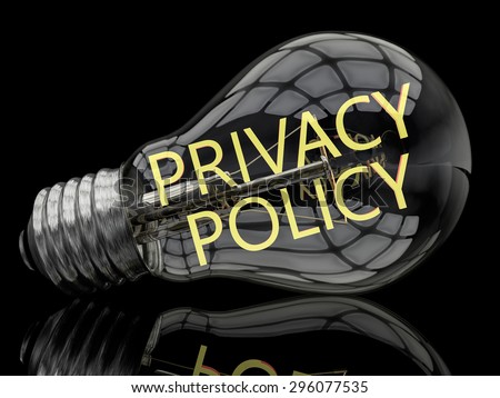 Privacy Policy - lightbulb on black background with text in it. 3d render illustration.