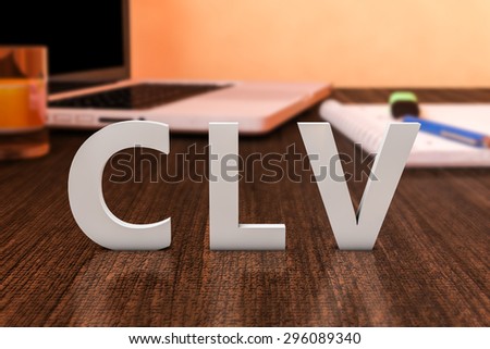 CLV - Customer Lifetime Value - letters on wooden desk with laptop computer and a notebook. 3d render illustration.