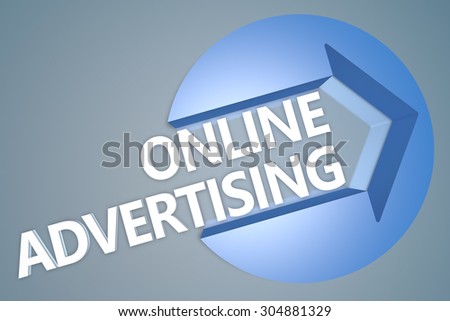 Online Advertising - text 3d render illustration concept with a arrow in a circle on blue-grey background