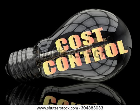 Cost Control - lightbulb on black background with text in it. 3d render illustration.
