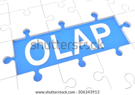OLAP - Online Analytical Processing - puzzle 3d render illustration with word on blue background
