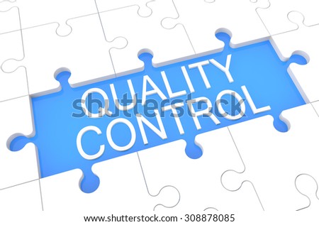 Quality Control - puzzle 3d render illustration with word on blue background