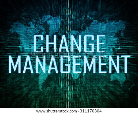 Change Management text concept on green digital world map background