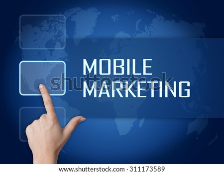 Mobile Marketing concept with interface and world map on blue background